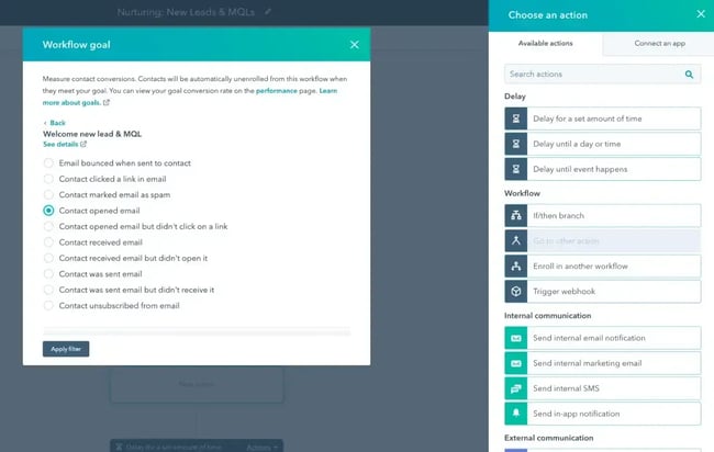 hubspot workflow automation settings for new leads, showing goal options and available actions like delays, branching, and notifications, customer lifecycle management